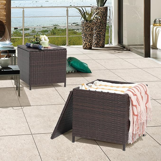 Verano Garden Outdoor Wicker Side Table Set of 2, Small Storage Rattan Wicker End Table, Square Resin Coffee Table for Garden Porch Deck Living Room Backyard