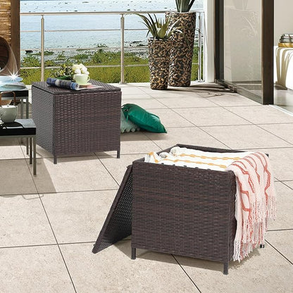 Verano Garden Outdoor Wicker Side Table Set of 2, Small Storage Rattan Wicker End Table, Square Resin Coffee Table for Garden Porch Deck Living Room Backyard