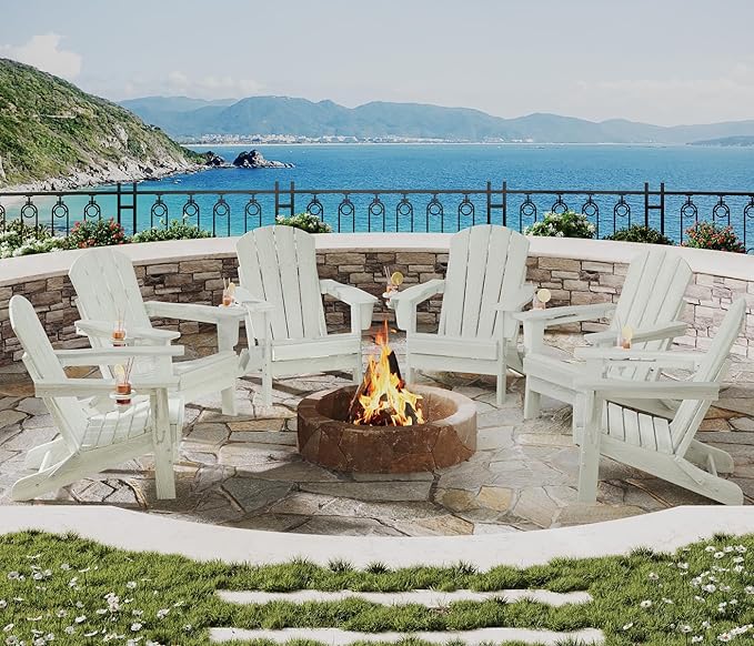 Garvee Folding Adirondack Chair Set of 2, HDPE Outdoor Patio Chair with Cup Holder, All Weather Resistent Wooden Textured for patios, Decks, Gardens, fire Pit, White