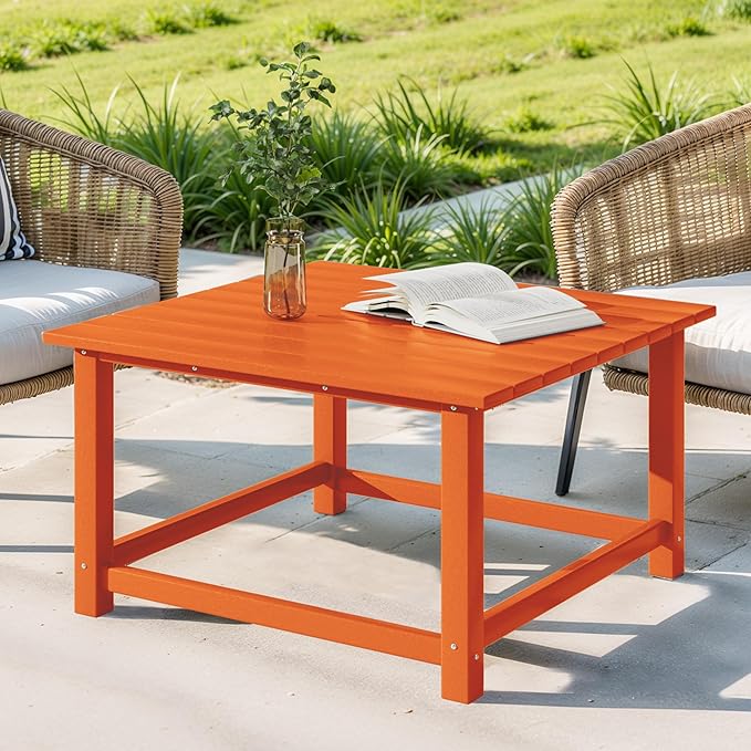 Costaelm Patio Conversation Table, Tatio Accent HDPE Outdoor Weather Resistant, Square Outdoor Porch Balcony Patio Drink Table for Outside, Pool, Backyard, Orange