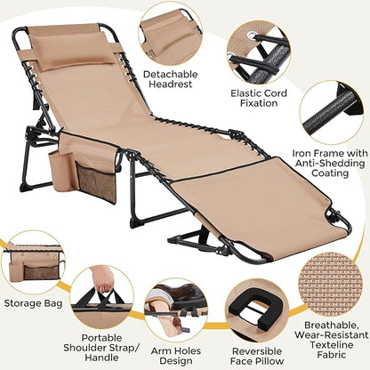Yaheetech 26.4" Tanning Chair with Face Hole, Adjustable 5-Position Folding Chaise Lounge Chairs, Outdoor Lounge Chairs for Lawn, Beach, Patio, Beige