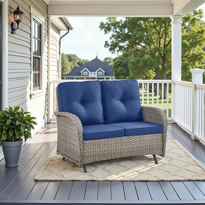 Belord Outdoor Glider Bench Patio Loveseat - 500 Lbs Weight Capacity 2 Seater Wicker Sofa, Small Porch Glider Furniture All Weather Rattan Couch with Removble Cushion for Balcony Backyard Gray/Blue
