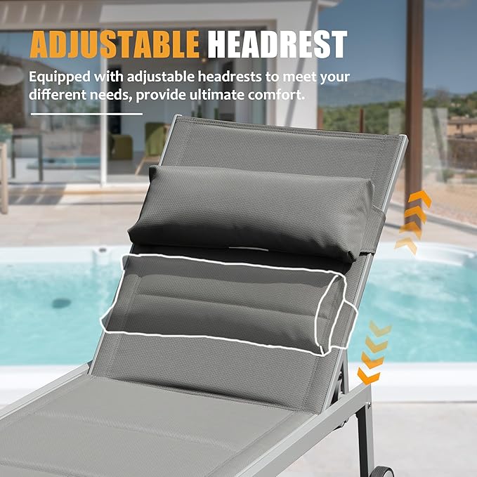 Domi Outdoor Patio Chaise Lounge Set of 3, Aluminum Pool Lounge Chairs with Side Table and Wheels, Textilene Padded Adjustable Recliner All Weather for Poolside, Beach, Yard, Balcony (Gray)