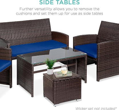 Best Choice Products Set of 2 Wicker Ottomans, Multipurpose Outdoor Furniture for Patio, Backyard, Additional Seating, Footrest, Side Table w/Storage, Removable Cushions - Navy/Brown