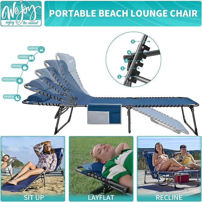 #WEJOY Folding Lounge Chair Outdoor, 5-Position Adjustable Sunbathing Tanning Chair with Shoulder Strap & Side Pocket - Photo 3
