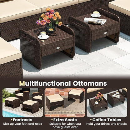 Tangkula 2 Pieces Patio PE Wicker Ottomans with Removable Cushions, Multipurpose Outdoor Furniture for Additional Seating, Footrest and Side Table, Outdoor Footstools for Porch, Backyard (Beige)