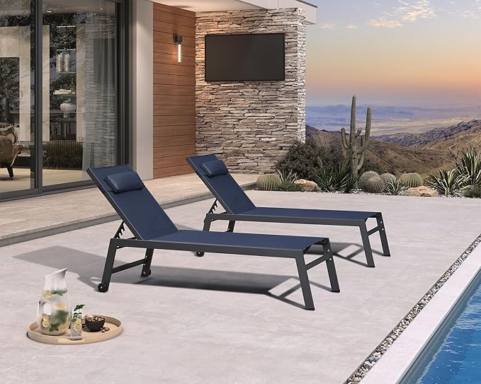 PURPLE LEAF Outdoor Oversized Lounge Chair Set of 3 Patio Chaise Pool Lounger Aluminum Frame with Side Table and Wheels - Photo 2