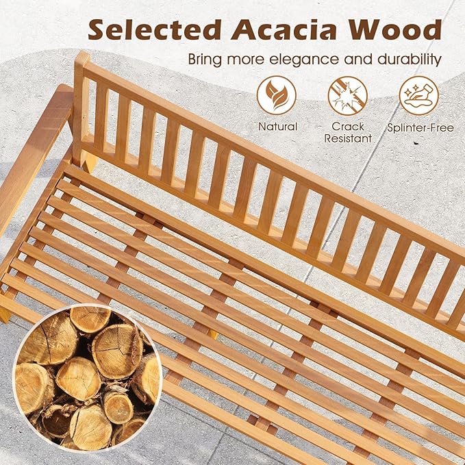 Tangkula 3-Seat Acacia Wood Outdoor Bench with Cushion, 64" Extra Long Garden Bench with Slatted Seat & Backrest, 3-Person Patio Wood Bench for Backyard, Porch, Balcony & Garden