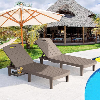 Outdoor Chaise Lounge Set of 2, Waterproof Resin Lounge Chairs for Outside w/Adjustable 5 Positions All Weather Recliner Chair for Patio, Poolside, Beach, Taupe