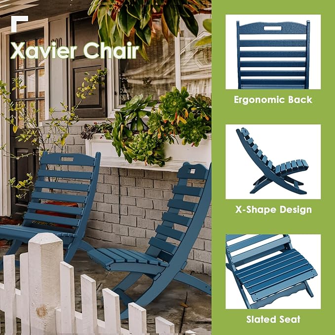 GREENVINES Folding Wave Chairs Set of 2 | Xavier | Portable Adirondack Chair | HDPE | All Weather | Blue - Photo 3