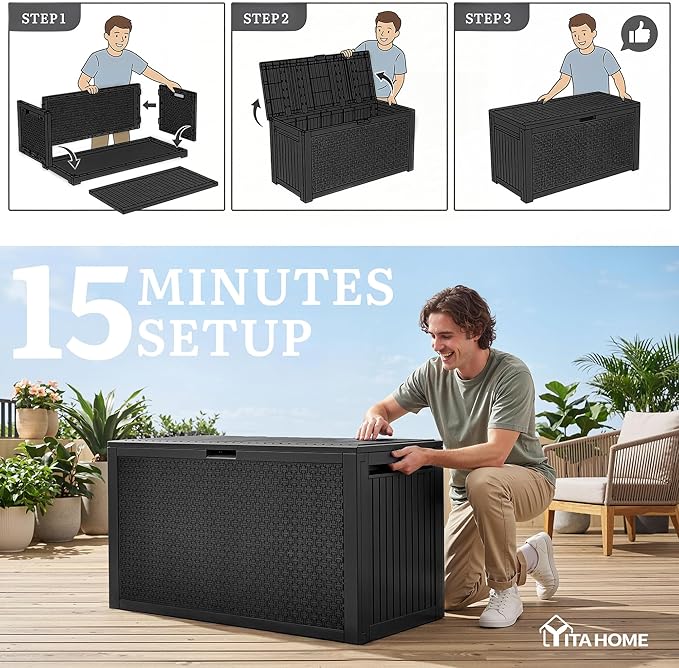 YITAHOME 90 Gallon Large Outdoor Deck Box, Lockable Waterproof Resin Storage Box with Handles - Photo 8
