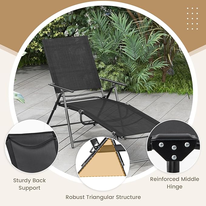 Giantex Lounge Chair Outdoor Set of 2 - Tanning Chair with 6 Adjustable Backrest, 2-Level Footrest, Folding Sunbathing Lounger for Patio, Poolside, Yard, Chaise Lounge Chair, Beach Chair (Black)