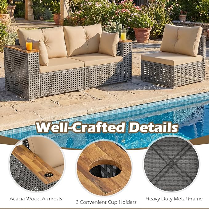 Tangkula 86.5" Large 3-Seat Patio Wicker Sofa, 3 Pieces PE Rattan Sectional Furniture Set with Cup Holder & Wood Armrest, Outdoor Couch Set with Armless & 2 Corner Sofas for Garden, Yard, Porch, Brown