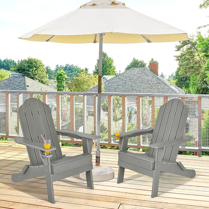 Giantex 2-Pack Adirondack Chair, Outdoor Folding Chairs, Weather Resistant Patio Chair with Cup Holder Lawn Chair for Patio, Garden, Backyard, Balcony, Deck Outside Fire Pit Chair (Grey)