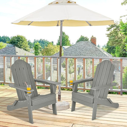 Giantex 2-Pack Adirondack Chair, Outdoor Folding Chairs, Weather Resistant Patio Chair with Cup Holder Lawn Chair for Patio, Garden, Backyard, Balcony, Deck Outside Fire Pit Chair (Grey)