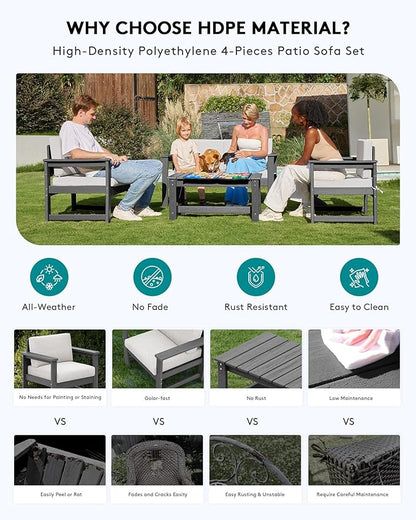 SERWALL 2 Pieces Single Cushioned Lounge Chair, Grey HDPE Outdoor Adirondack Sofa Armchair with Khaki Cushion