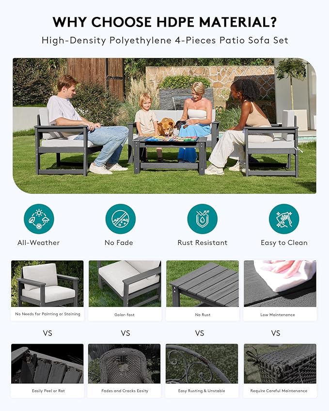 SERWALL 3 Pieces HDPE Outdoor Sofa Bistro Set with Cushions, Outdoor Furniture Sofa Sets with Coffee Table and Cushions - Photo 5