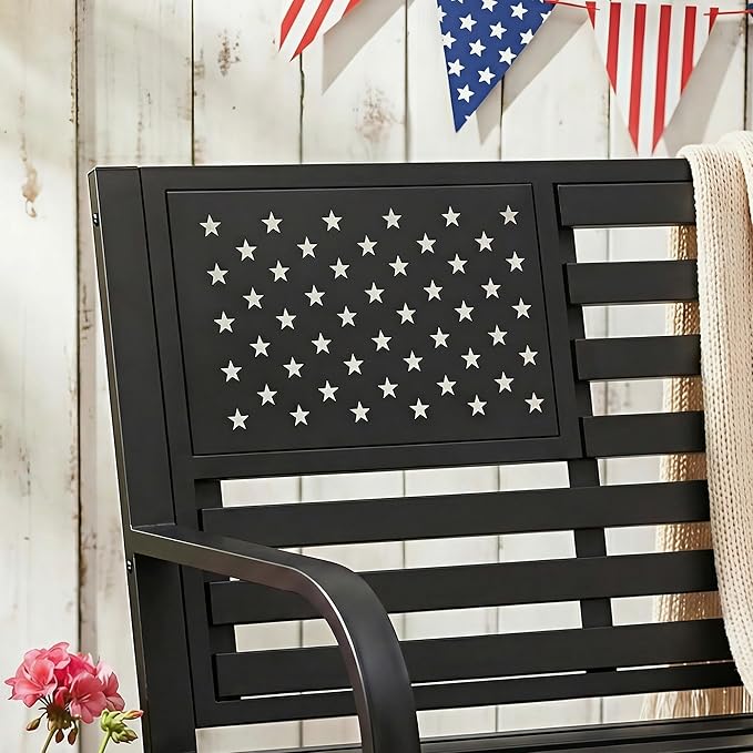 50" Garden Bench Outdoor Bench with American Flag Style, Cast Iron Metal Frame Sturdy Patio Park Bench Arch Legs for Porch,Lawn,Garden,Yard (Black)