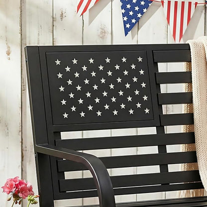 50" Garden Bench Outdoor Bench with American Flag Style, Cast Iron Metal Frame Sturdy Patio Park Bench Arch Legs for Porch,Lawn,Garden,Yard (Black)