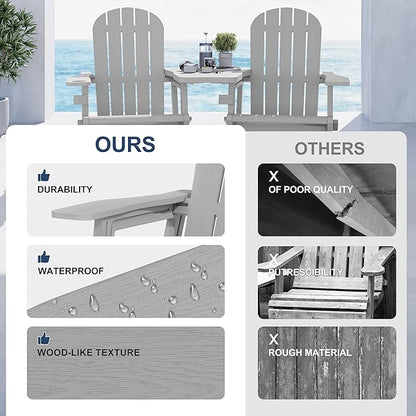 Vongrasig Adirondack Chairs Set of 2 with Removable Tabletop, All-Weather HDPE Outdoor Chair Set with Wooden Textured, Cup Holder for Patio, Poolside, Deck, Garden, Light Grey