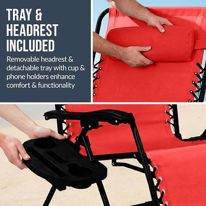 Best Choice Products Set of 2 Extra Wide Adjustable Steel Mesh Zero Gravity Lounge Chair Recliners w/Pillows and Cup Holder Trays - Crimson Red