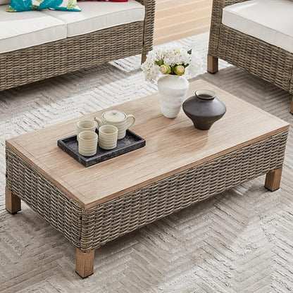 Outdoor PE Wicker Coffee Table with Metal Top, 43.3" Hand Woven Rattan Patio Table for Conversation Set, Outdoor Table for Poolside, Garden, Porch
