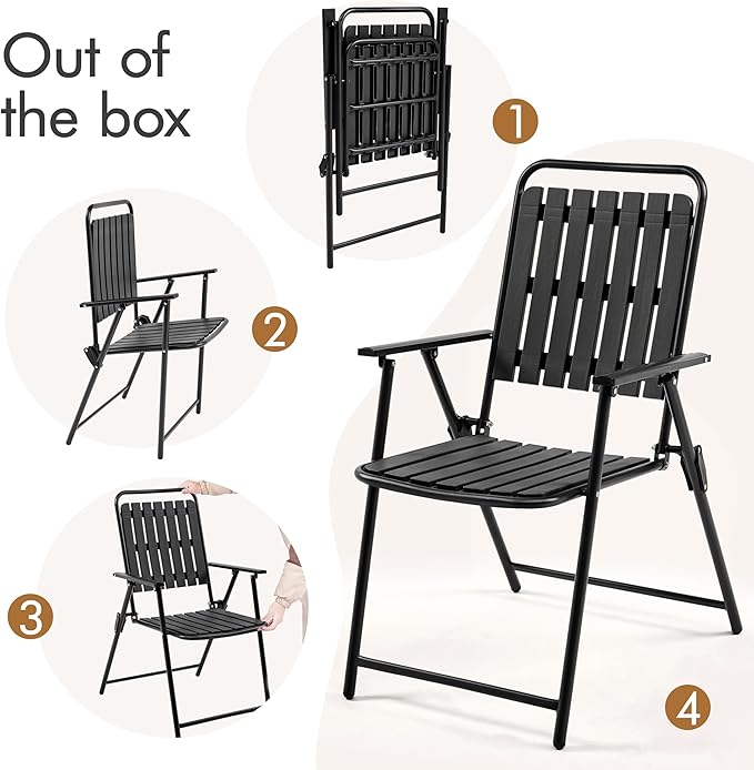 Yaheetech Folding Patio Chair Set of 4, Outdoor Dining Chair with Armrests, Plastic Patio Chair for Porch, Deck, Garden, Backyard, No Assembly Black