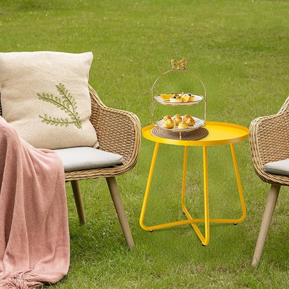 danpinera Outdoor Side Tables, Weather Resistant Steel Patio Side Table, Small Round Outdoor End Table Metal Side Table for Patio Yard Balcony Garden Bedside Yellow