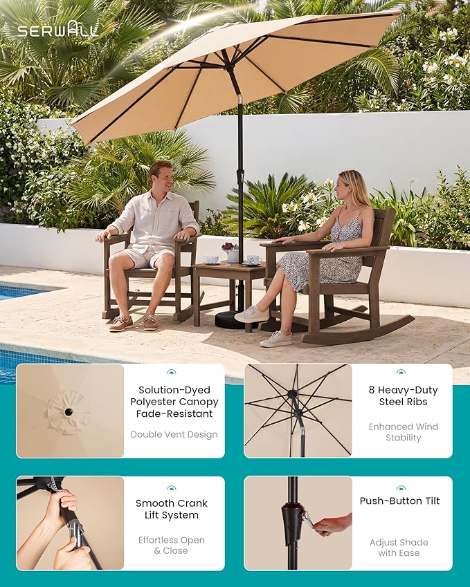 SERWALL Outdoor Rocking Chairs Set of 2 with 1 Side Table & 9ft Patio Umbrella - Photo 3