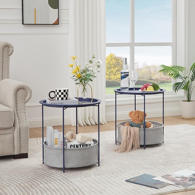VECELO Round Side/End Table with Fabric Storage Basket，Metal Anti-Rust and Waterproof Small Bedside Nightstand with - Photo 5