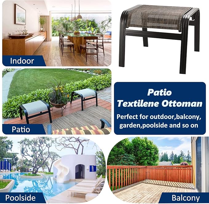 Outdoor Patio Foot Rest Ottoman Seat Textilene Portable Metal Footstool Portable Patio Chairs 2 Set Brown - Photo 6
