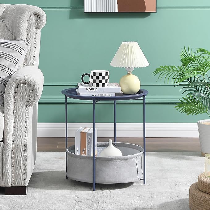 VECELO Round Side/End Table with Fabric Storage Basket，Metal Anti-Rust and Waterproof Small Bedside Nightstand with - Photo 2