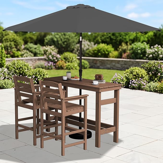 SERWALL Outdoor Bar Set with 9ft Umbrella, All-Weather HDPE Patio Bar Chairs and Table, Outdoor Furniture Set, Brown (Umbreall Base not Included)