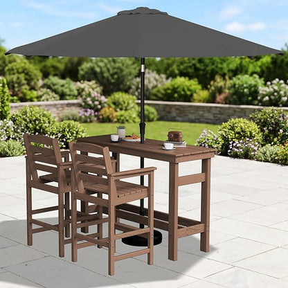 SERWALL Outdoor Bar Set with 9ft Umbrella, All-Weather HDPE Patio Bar Chairs and Table, Outdoor Furniture Set, Brown (Umbreall Base not Included)
