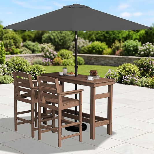 SERWALL Outdoor Bar Set with 9ft Umbrella, All-Weather HDPE Patio Bar Chairs and Table, Outdoor Furniture Set, Brown (Umbreall Base not Included)