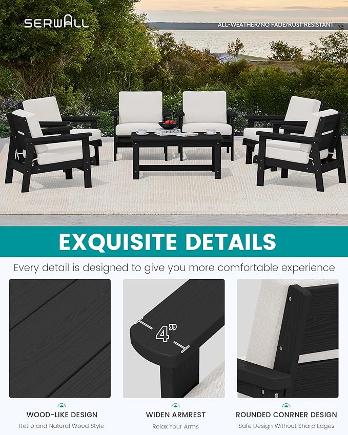 SERWALL Patio Conversation Sets, 7 Piece, Black Frame with Khaki Cushions - Photo 4
