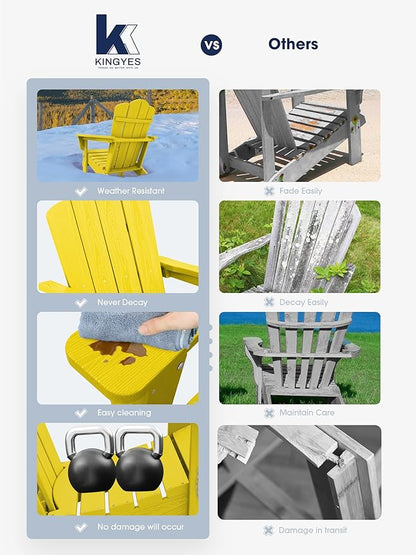 KINGYES Folding Adirondack Chair, HDPE All-Weather Patio Chairs, Wooden Textured Lawn Chair for Poolside, Backyard, Deck, Fire Pit, Yellow
