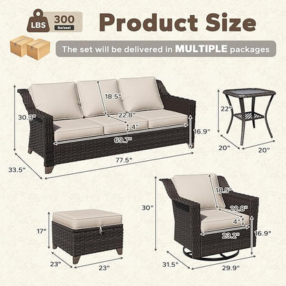 7 Pieces Patio Conversation Furniture Set - 2 Sofas, 2 Ottomans, 2 Swivel Chairs, 1 Side Table, Outdoor Wicker Furniture with Removable Cushions for Porch, Balcony, Sunroom (Beige)