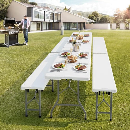 VINGLI 6 feet Plastic Folding Bench,Portable in/Outdoor Picnic Party Camping Dining Seat, Garden Soccer Multipurpose Entertaining Activities, Smooth HDPE Tabletop (2, White, 8ft)