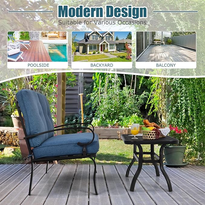 RELAX4LIFE Patio Loveseat with Coffee Table - 2-Piece Patio Conversation Sofa Set w/Backrest & Cushions, Modern Outdoor Glider Bench for Garden, Backyard, Poolside, Metal Porch Furniture (Blue)