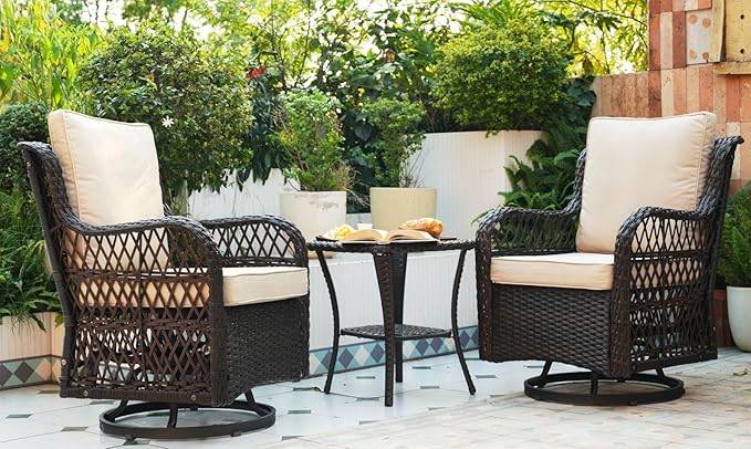 GAOMON 3 Piece Outdoor Patio Set, Wicker Rocking Bistro Set with 2 Swivel Chairs & Tempered Glass Top Table, Rattan Outdoor Furniture with Cushions for Patio Porch Backyard,Brown Wicker/Beige Cushion