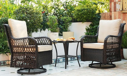 GAOMON 3 Piece Outdoor Patio Set, Wicker Rocking Bistro Set with 2 Swivel Chairs & Tempered Glass Top Table, Rattan Outdoor Furniture with Cushions for Patio Porch Backyard,Brown Wicker/Beige Cushion
