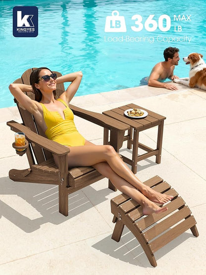 KINGYES Folding Adirondack Chair Set of 8, HDPE All-Weather Patio Chairs with Cup Holder, Wooden Textured Fire Pit Chairs for Poolside, Backyard, Deck, Brown