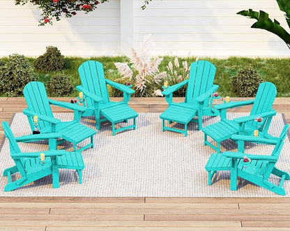 KINGYES Folding Adjustable Adirondack Chair with Retractable Ottoman Set of 6, HDPE All Weather Chair with Cup Holder - Recliner Adirondack Chair, Aruba
