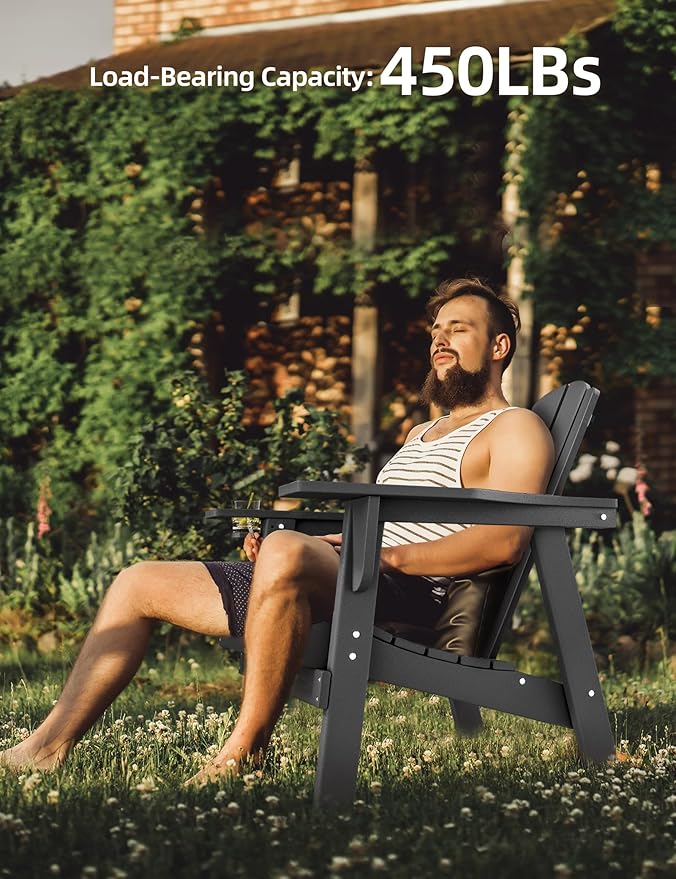 Adirondack Chair - Durable HDPE Poly Lumber All-Weather Resistant, Oversized Balcony Porch Patio Outdoor Chair for Lawn, Backyard, Deck, Garden, Camping - Easy Installation, Black