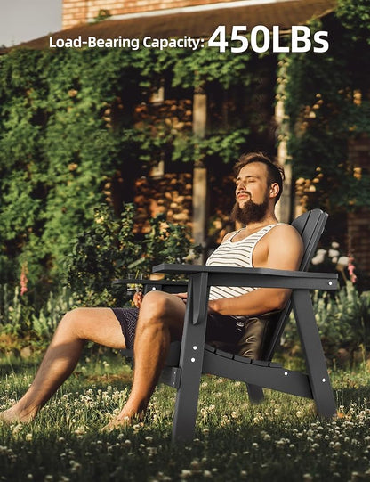 Adirondack Chair - Durable HDPE Poly Lumber All-Weather Resistant, Oversized Balcony Porch Patio Outdoor Chair for Lawn, Backyard, Deck, Garden, Camping - Easy Installation, Black