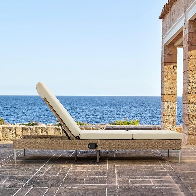 HOMREST Outdoor Chaise Lounge Chair Set of 6, Patio Wicker Lounge Chair with Adjustable Backrest, Rattan Pool Recliner with Removable Cushion Suitable for Outside Khaki