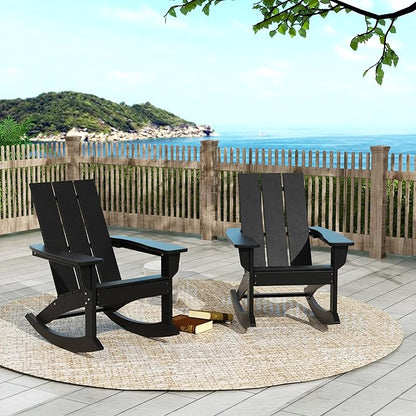 WO WESTIN OUTDOOR HDPE Shoreside Modern Rocking Poly Adirondack Chair (Set of 2),Black