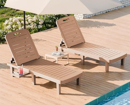 WACASA Outdoor Chaise Lounge Chairs Set of 2, Oversized Lounge Chairs with 5-Level Adjustable Backrest & Cup Holder, Resin Waterproof Pool Lounge Chair for Poolside, Patio, Beach, Yard, Brown