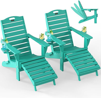 Ciokea Folding Adirondack Chair Set of 2 with Retractable Ottoman Fire Pit Patio Chair with Pull Out Foot Rest Weather Resistant Lawn Outdoor Chair with 2 Cup Holder (Lake Blue)